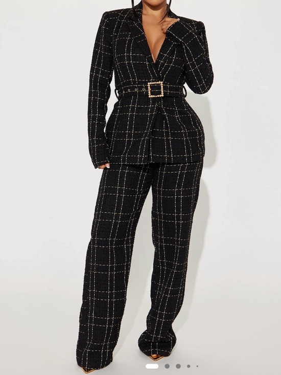 Fashion Nova Pants - Fashion Nova Black Tweed Belted Blazer & Plaid Wide-Leg Trousers Set